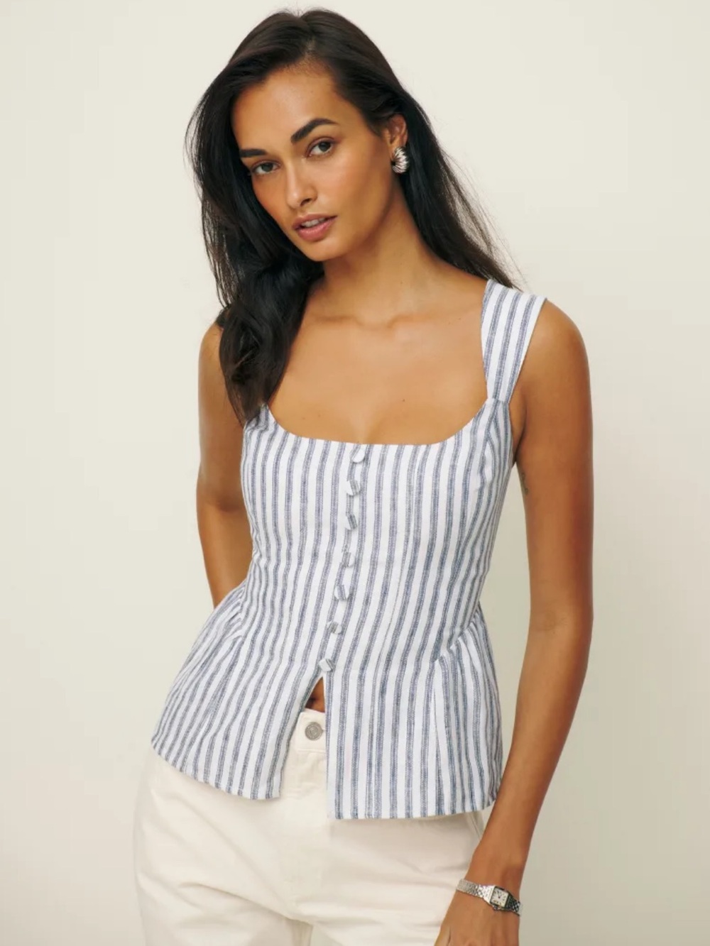 Reformation Blue and White Striped Linen Tank